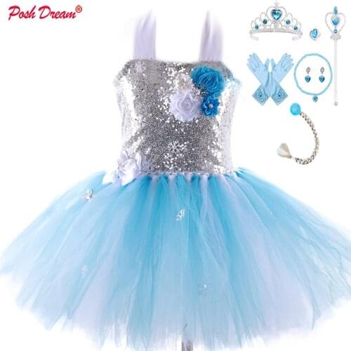 POSH DREAM Princess Girls Dresses with Crown Cape Sequins Snow Princess Kids Girls Cosplay Tutu Dresses for Birthday Party