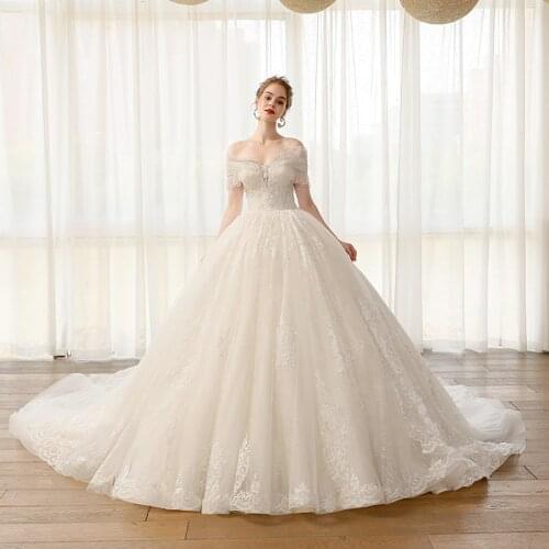 SL-8172 off shoulder wedding dress 2021 lace corset plus size bridal dresses with train vintage pearls Ball gown wedding gowns