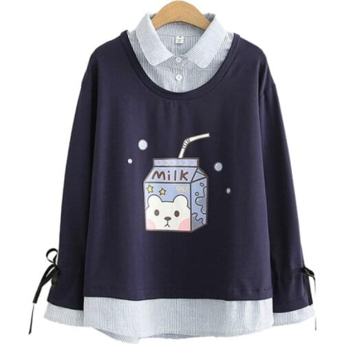 Fake Two Piece Women Sweatshirts Cartoon Print Cotton Hoodies Autumn Long Sleeve Turndown Collar Patchwork Pullover Tracksuits