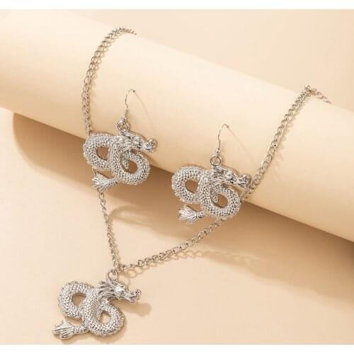 Tocona Classical Dragon Pendant Necklace for Women Silver Color Alloy Metal Drop Earring Wedding Jewelry Set Accessories 19101