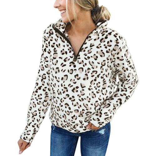 Autumn/Winter Loose Fleece Sweashirt Long Sleeve Half Zip Stand Collar Sweatshirt Female Leopard Printed Plush Pullover S-XL