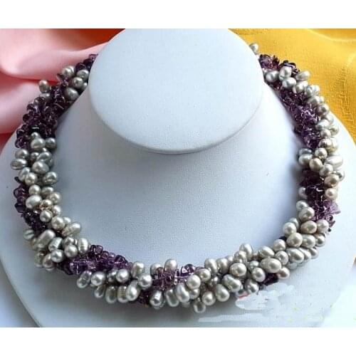 Unique Pearls jewellery Store 4row 17'' Rice Gray Freshwater Pearl Amethyst Necklace Charming Women Gift