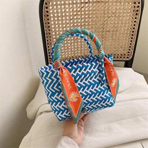 Spring and Summer Woven Hand-Carried Lunch Box Basket Color Matching Silk Scarf Literary Straw Woven Western Vegetable Basket