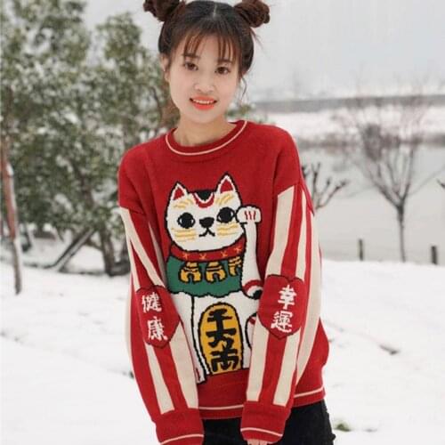 Japanese Lucky Cat Pattern Women Sweater Cute Harajuku Kawaii Sweet Girl Pullover Loose Red Sweater Female Autumn Winter Outwear