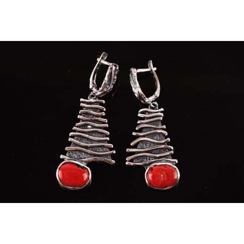 UM US JEWELRY Coral Gemstone 925 Sterling Silver Earrings