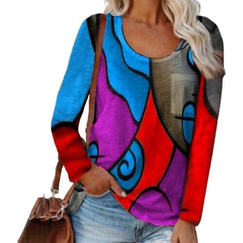 T-shirt Women 2021 Plus Size O Neck Long Sleeve Autumn Color Matching Geometric Print Casual Tee Shirts Office Ladies Top