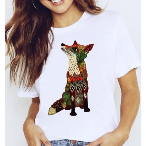 Women Graphic Fox Animal Cat 2021 Spring Summer Short Sleeve Cartoon Lady Clothes Tops Clothing Tees Print Female Tshirt T-Shirt