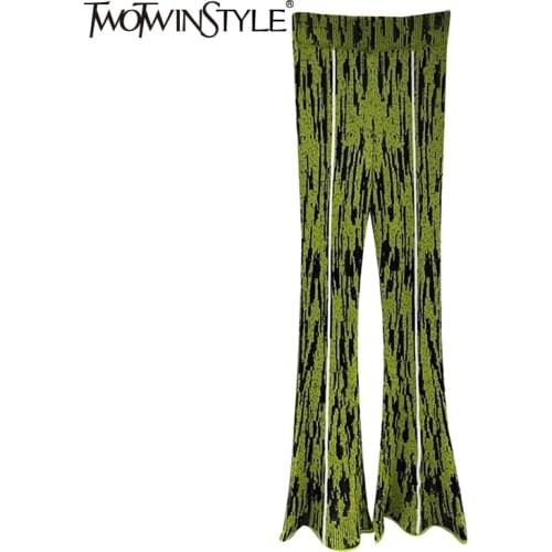 TWOTWINSTYLE Casual Print Trousers For Women High Waist Slimming Hit Color Full Length Flare Pants Females 2021 Fashion Clothing