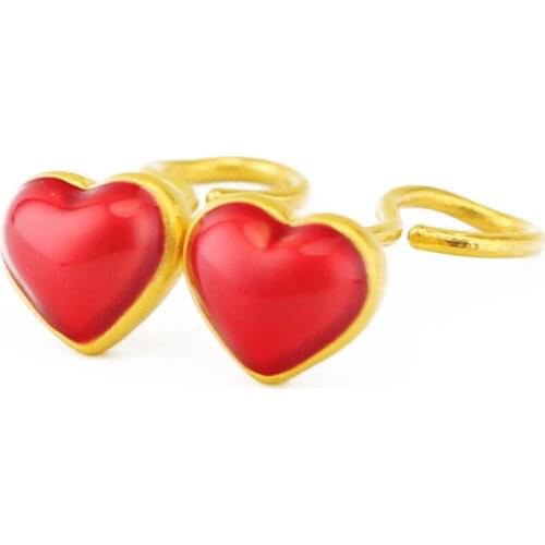 Pure 24K Yellow Gold Earrings Women 999 Gold 3D Red Heart Earrings P6270