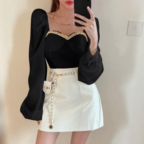 Fashion Autumn Korean Chain Patchwork For Women Square Collar Puff Sleeve Sexy Top + PU Leather Mini Skirt Elegant Two-Piece Set