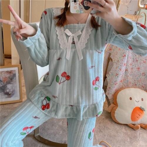 Women Cute Cartoon Coral Pajamas Set Long Sleeve Shirt &Pant Sleep Set Winter Flannel Sleepwear Girl 2PCS Pijamas Suit Nightgown