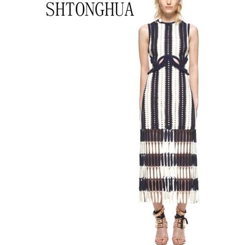 Runway Dress Self Portrait Summer Sleeveless Lace Hollow out White Blue Patchwork Tassel Women Long Dress Bodycon Party Vestidos