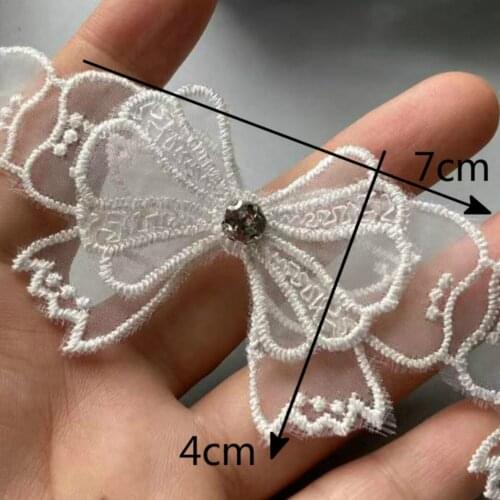 10X White Lace Trim Ribbon Mesh Bowknot Rhinestones Embroidered Patches Applique Fabric DIY Wedding Dress Sewing Supplies 7 CM