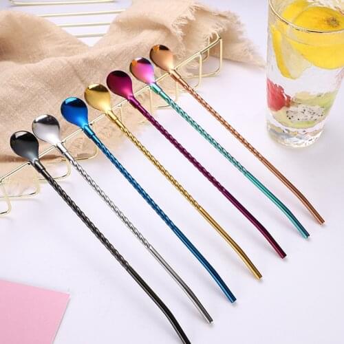 2pcs Reusable Multifunctional Long Twisted Spoon Straw Dinnerware Set Stainless Straws Rainbow Tablewares For Kitchen Party Bar