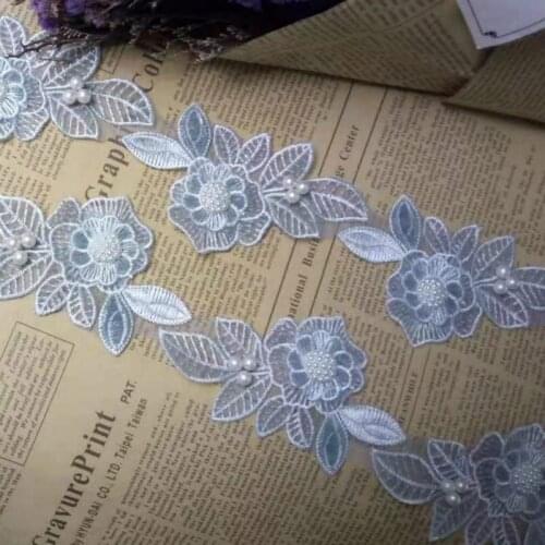 2 yards Light Blue Pearl Flower Leaf Handmade Beaded Embroidered Lace Edge Trim Ribbon Applique Wedding Dress Sewing Craft DIY