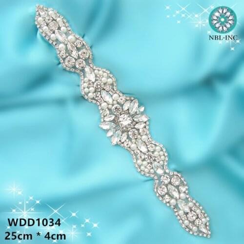 30PCS) Wholesale bridal beaded silver pearl rhinestone crystal appliques iron on for wedding dresses WDD1034