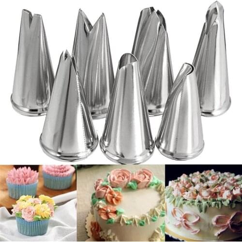 Aomily 7pcs/Set Rose Flower Petal Nozzles DIY Dessert Cake Cream Decorating Tips Set Stainless Steel Baking Cupcake Pastry Tool