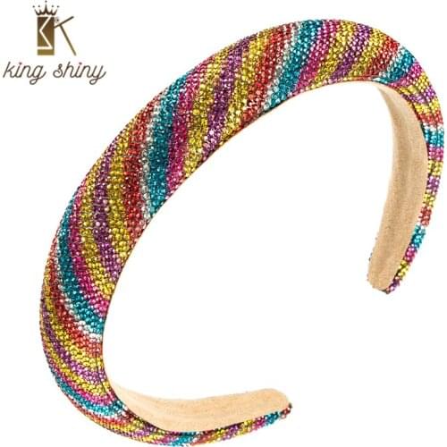 King Shiny Luxury Baroque Rainbow Color Rhinestone Headband Chic Sparkly Rhinestone Thick Sponge Hairband Bridal Wedding Crowns