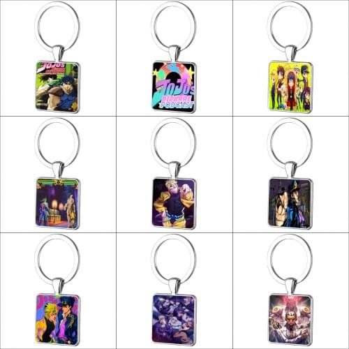 Anime JoJos Bizarre Adventure Keychain Images Glass Cabochon Square Pendant Custom DIY Keyrings Holder Kids boy girl Gift