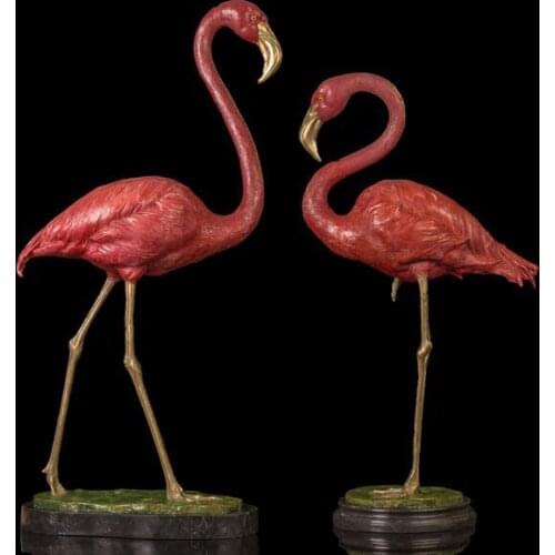 98 CM Western Art Deco Bronze Copper Marble Two Flamingo Crane Animal Sculpture
