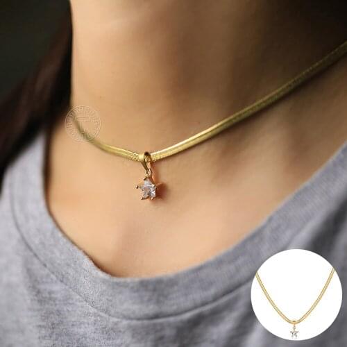 Gold Color Star Pendant Necklace For Women Stainless Steel Snake Chain CZ Charm Choker Wholesale Dropshipping Jewelry LDN276