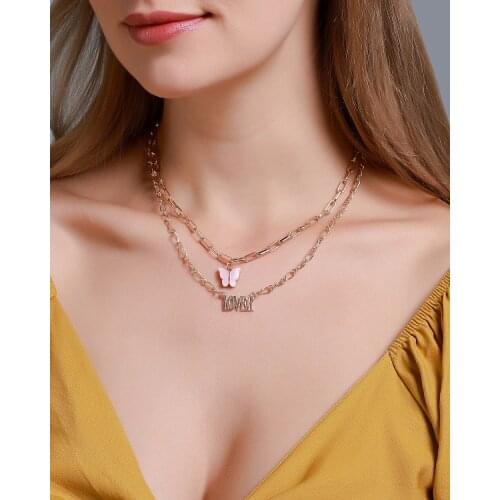 Double Layer Acrylic Butterfly Necklace for Women Fashion Letter Angel Pendant Babygirl English Letter Clavicle Chain Necklace
