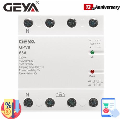 GEYA GPV8-63 4Pole AC Voltage Protector Automatic Reconnect Over and Under Voltage Protector 32A 40A 50A 63A 3P+N