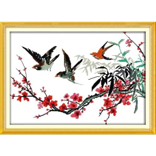 Joy Sunday The Birds with Branches Painting Counted or Printed 11CT 14CT Chinese Cross Stitch Kits Embroidery Needlework Sets