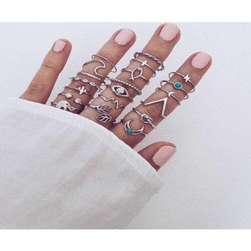 Classic Bohemian Womens Eye Moon Inlaid Brick Bowknot 20 Ring Combination Fashion All-Match Party Jewelry