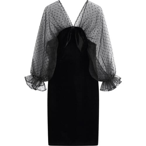 Korean Fashion Style Spring Autumn Women dress Sexy V-neck Slim Mesh Black dress Party dresses female bing 2021 NEW