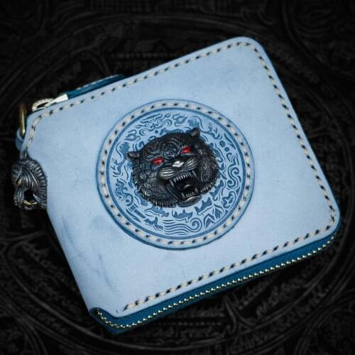 Hand-made Short Tiger Head Wallets Purses Women Men Clutch Vegetable Tanned Leather Thin Wallet Card Holder Birthday Present