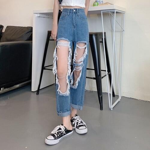 Harajuku y2k Fashion Holes High Waist Jeans Femme Pantalon 90s Vintage Streetwear Loose Korean Trouser Joggers Women Denim Pant