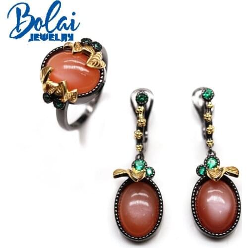 2021 New Natural orange moonstone jewelry set 925 sterling silver ring earrings light luxury retro design womens Fine jewelry