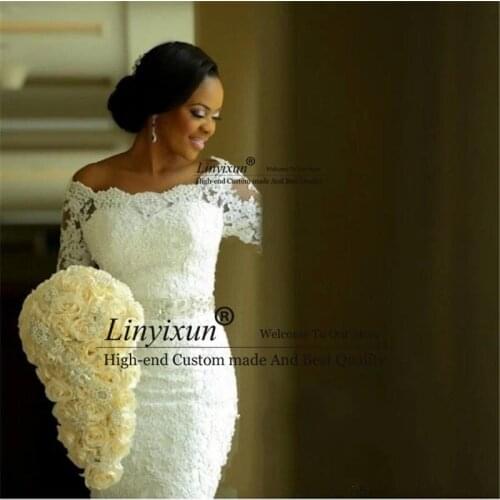 Latest 3/4 Sleeve Lace Mermaid Wedding Dresses Appliques Beaded Bride Dresses Zipper Back Wedding Gowns Custom vestido de noiva