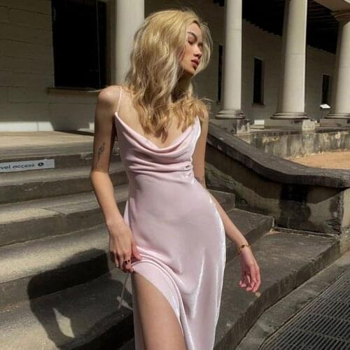 Summer womens dress 2021 Satin Halter Elegant Slim Long dresses sexy low-cut High waist bag hip slit sling rode casual clothes