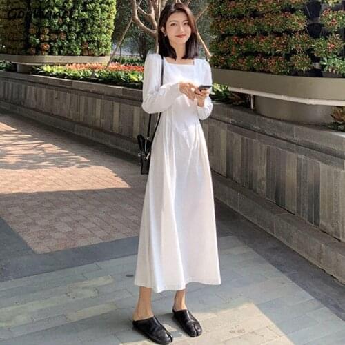 Women Long Sleeve Dress Square Collar White Solid Temperament Spring Fresh Bandage Ankle-length Young Female Vacation Simple Hot