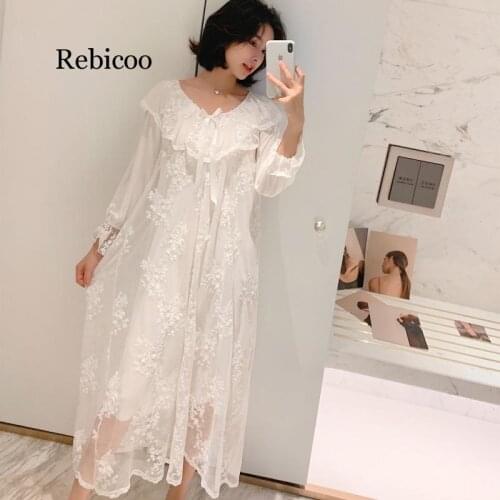 Rebicoo Autumn New Embroidery Lace Princess Retro Woman Nightdress Long Section Modal Sweet Nightgown