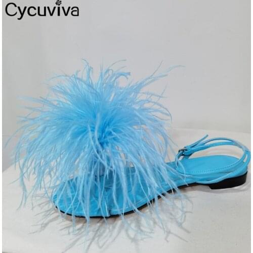 Designer Fur Flip Flops Flat Sandals Women Summer Leather Mules Brand Beach Shoes Wiman Ankle Strap Feather Sandalias Muje 2021r