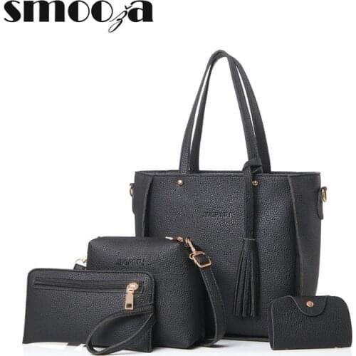 SMOOZA Womens Set Top-Handle Big Capacity Female Tassel Handbag Fashion Shoulder Bag Purse Ladies PU Leather Crossbody Bag
