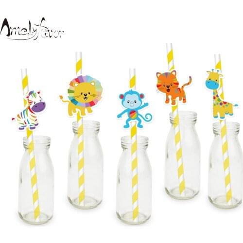 Safari Rainbow Animals Theme Party Straws Safari Animal Paper Straw Baby Shower Kids Birthday Event Party Decorations Supplies