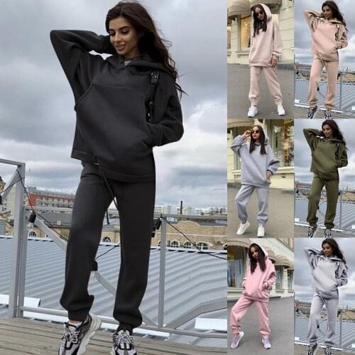 Female Solid Color Thicken Leisure Sports Keep Warm Fleece Winter Hooded Sweatshirt Suits Oversize Tracksuit Set