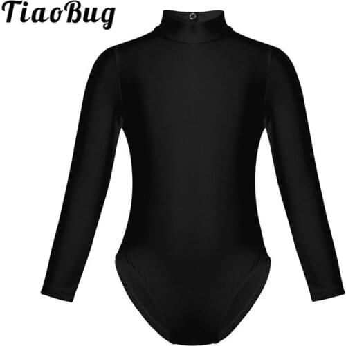 TiaoBug Children Girls Long Sleeve Mock Neck Professional Ballet Gymnastics Leotard Solid Color Sports Bodysuit Kids Dance Wear