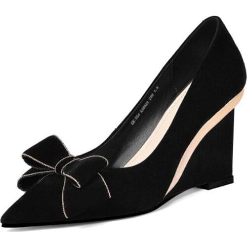 Black Butterfly Knot Wedge Shoes Women High Heels Pointed Toe Genuine Leather Shoes For Women Pumps Office High Quality