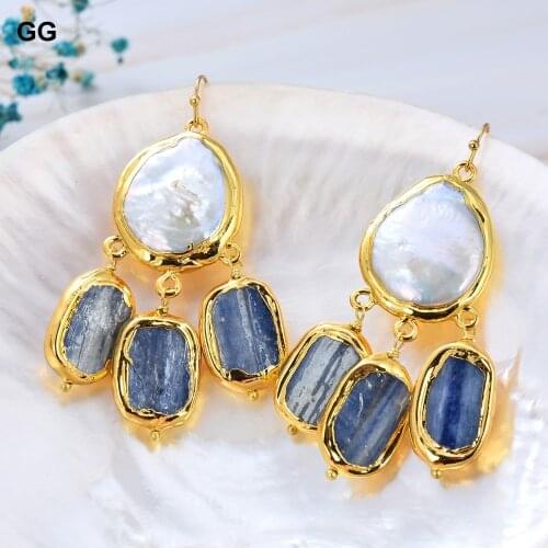 GuaiGuai Jewelry Natural Cultured White Coin Freshwater Keshi Pearl Blue Kyanites Dangle Hook Earrings For Women
