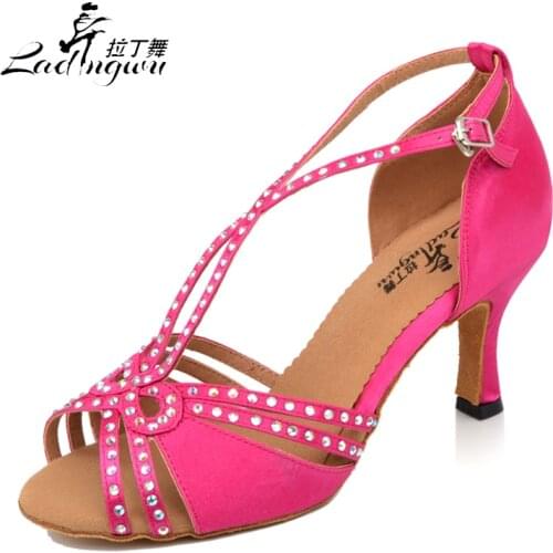 Ladingwu Spring and Summer Womens Dance Sandals Pink/Brown Satin Collocation Shine Rhinestone Latin Dance Shoes Salsa Women