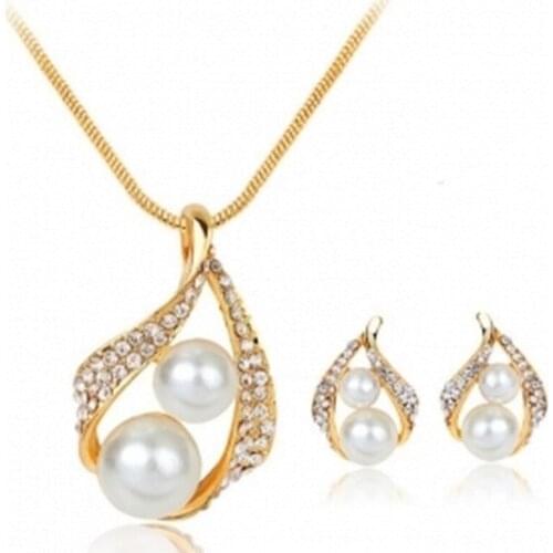 2021 Woman Water Droplet Necklace Earrings Jewelry Sets Crystal Gold Color Two Simulated Pearl Wedding Party Jewelry Set Gift
