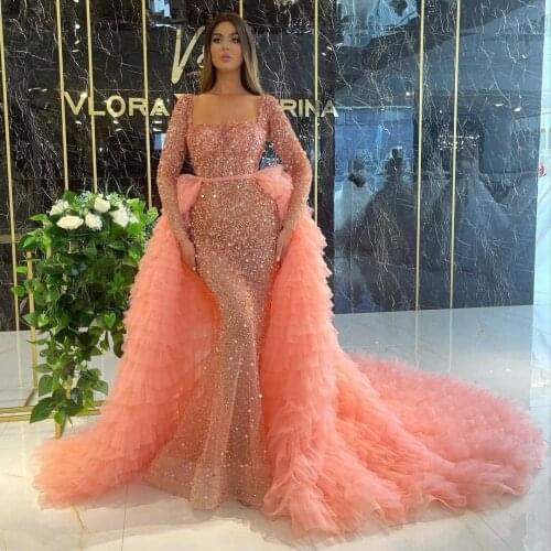 2021 Sequins Long Sleeve Mermaid Evening Dress with Ruffles Detachable Train Prom Dresses vestido de novia Party Gowns