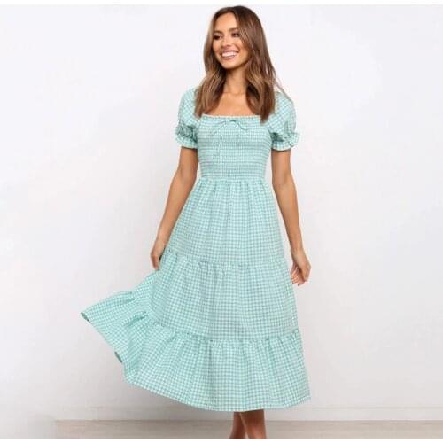 Ardm Elegant Sqare Collar Ruffle Women Dress Summer Plaid Puff Sleeve Vintage Madi Dress A-Line High Waist Party Dresses 2021