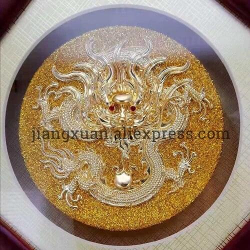 18 cm Dragon pattern Ceramic plate with placer metal 99% pure Gold foil handicraft Chinese knot