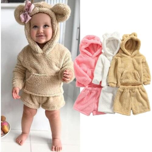 3 Colors Autumn Winter Lovely Kids Girls Boys Clothes 1-4Y Fur Solid Ear Long Sleeve Pocket Hooded Hoodies Tops+Shorts Outfits
